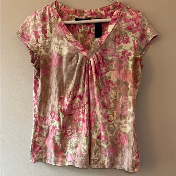 AAxcess Pink and Tan Ruched Floral short sleeve Blouse Size M - Picture 1 of 3